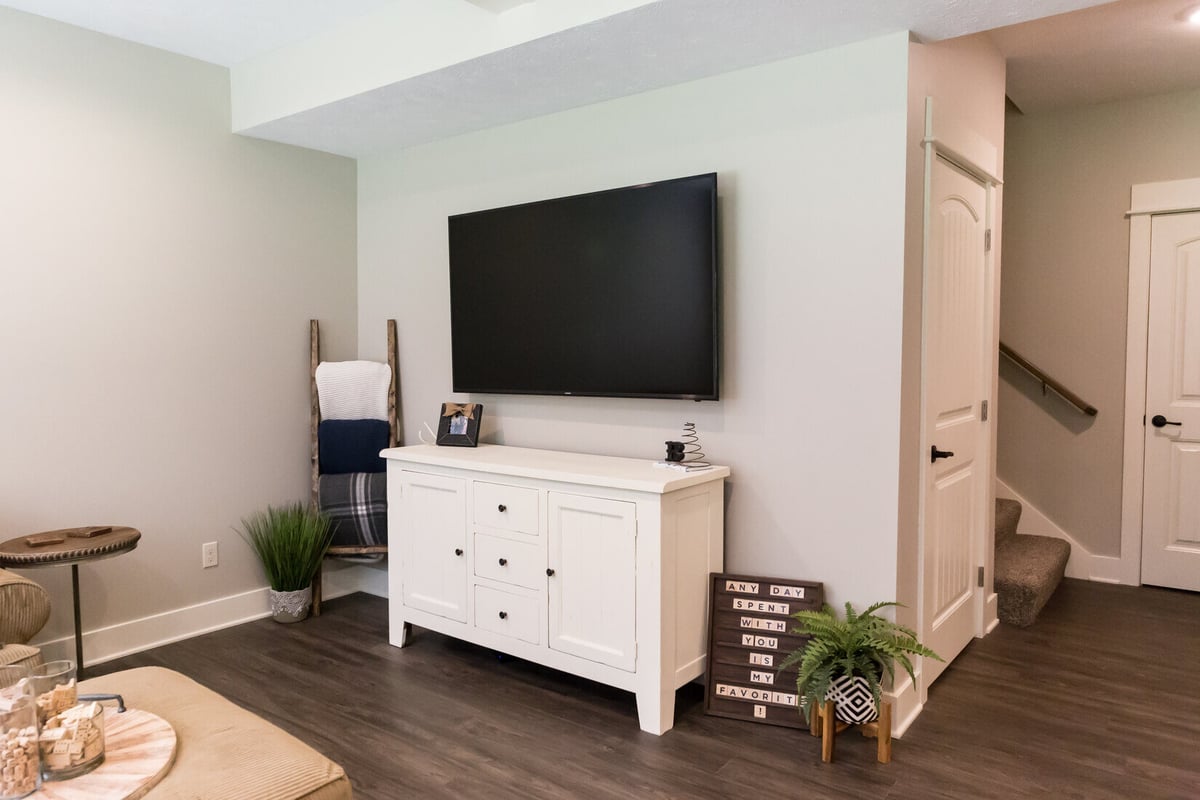 Basement media room with mounted TV and storage cabinet in Sparta, MI by Ridgewood Home Construction